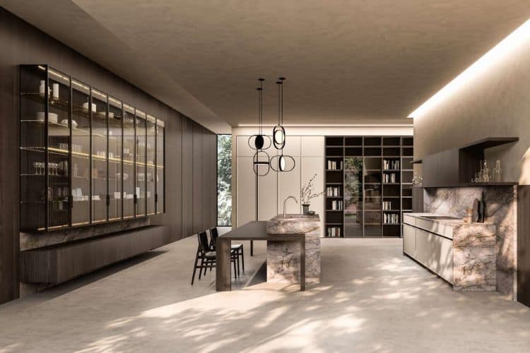 QUINTESSENCE by Aster Cucine a luxury Italian kitchen with marble island, glass display cabinets, dark wood finishes, and modern architectural lighting.